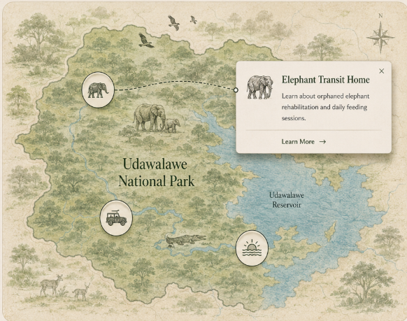 Illustrated map of Udawalawe National Park highlighting the reservoir, safari routes, and Elephant Transit Home.