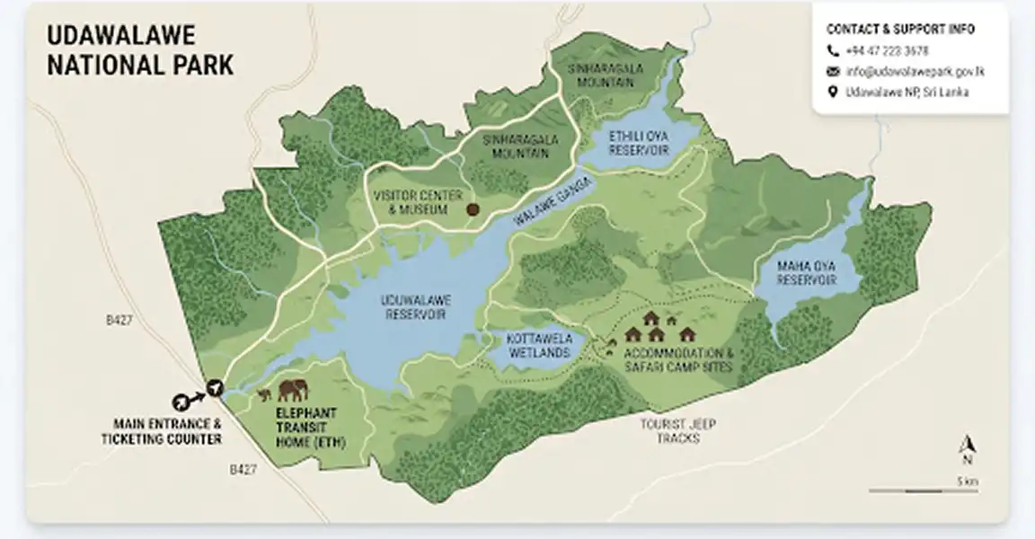 Illustrated map of Udawalawe National Park showing reservoirs, jeep tracks, visitor center, and main entrance.