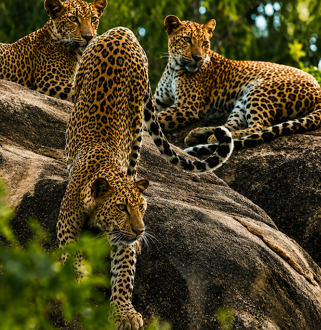 Sri Lankan leopards on rocky outcrop