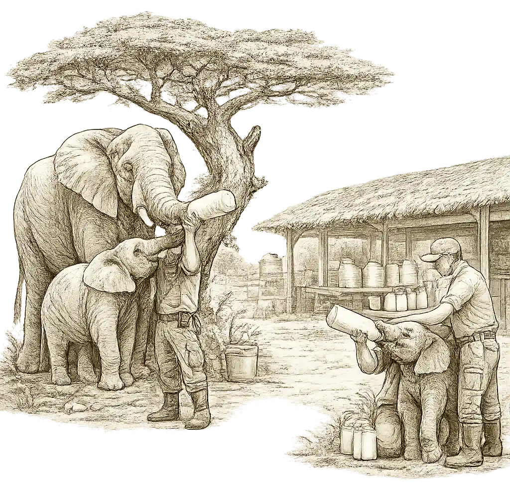 Rangers bottle-feeding orphaned elephant calves at Eth Athuru Sevana